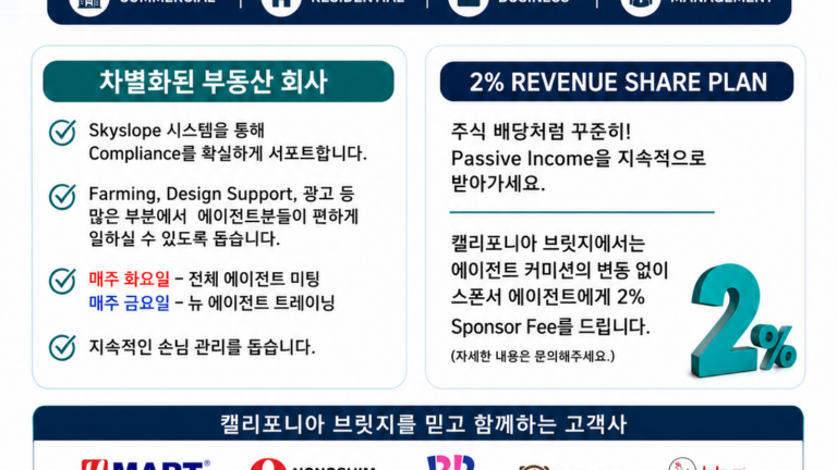 캘리포니아 브릿지 리얼티, 함께 성장할 에이전트 모집 — 2% Revenue Share 플랜